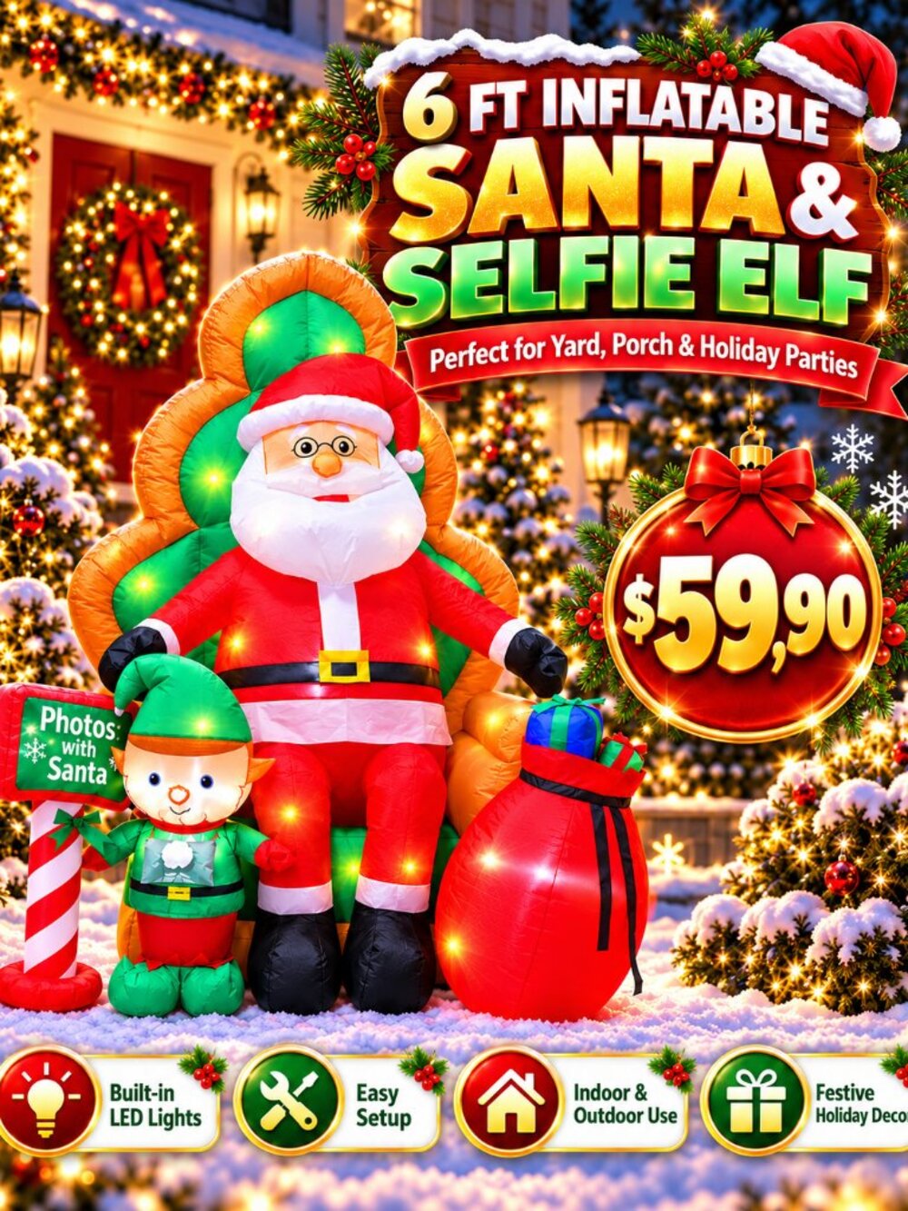 6 Ft Inflatable Santa Claus and Selfie Elf Decoration